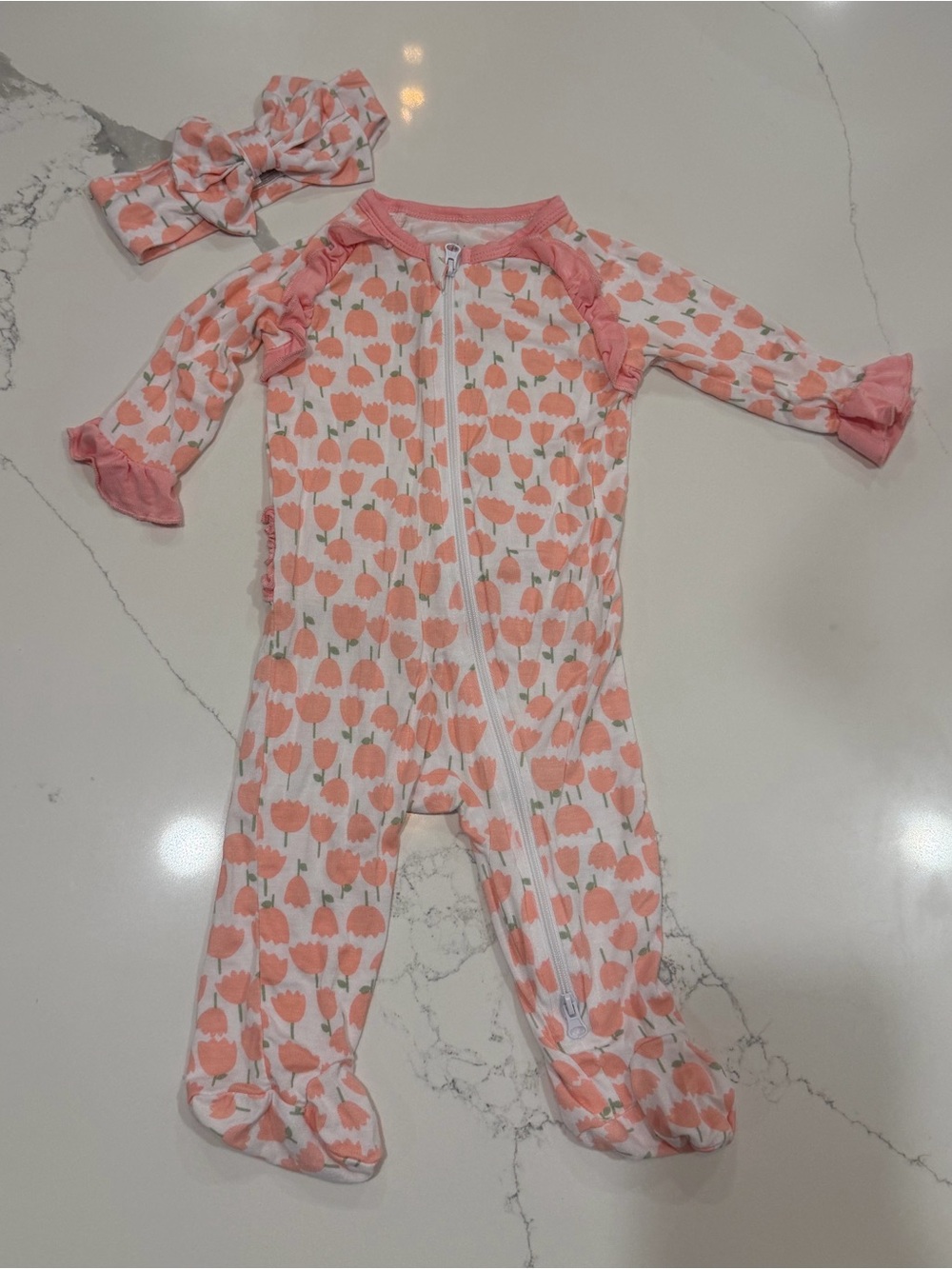 0-3 Months Baby Girls Footie Sleeper with Matching Headband